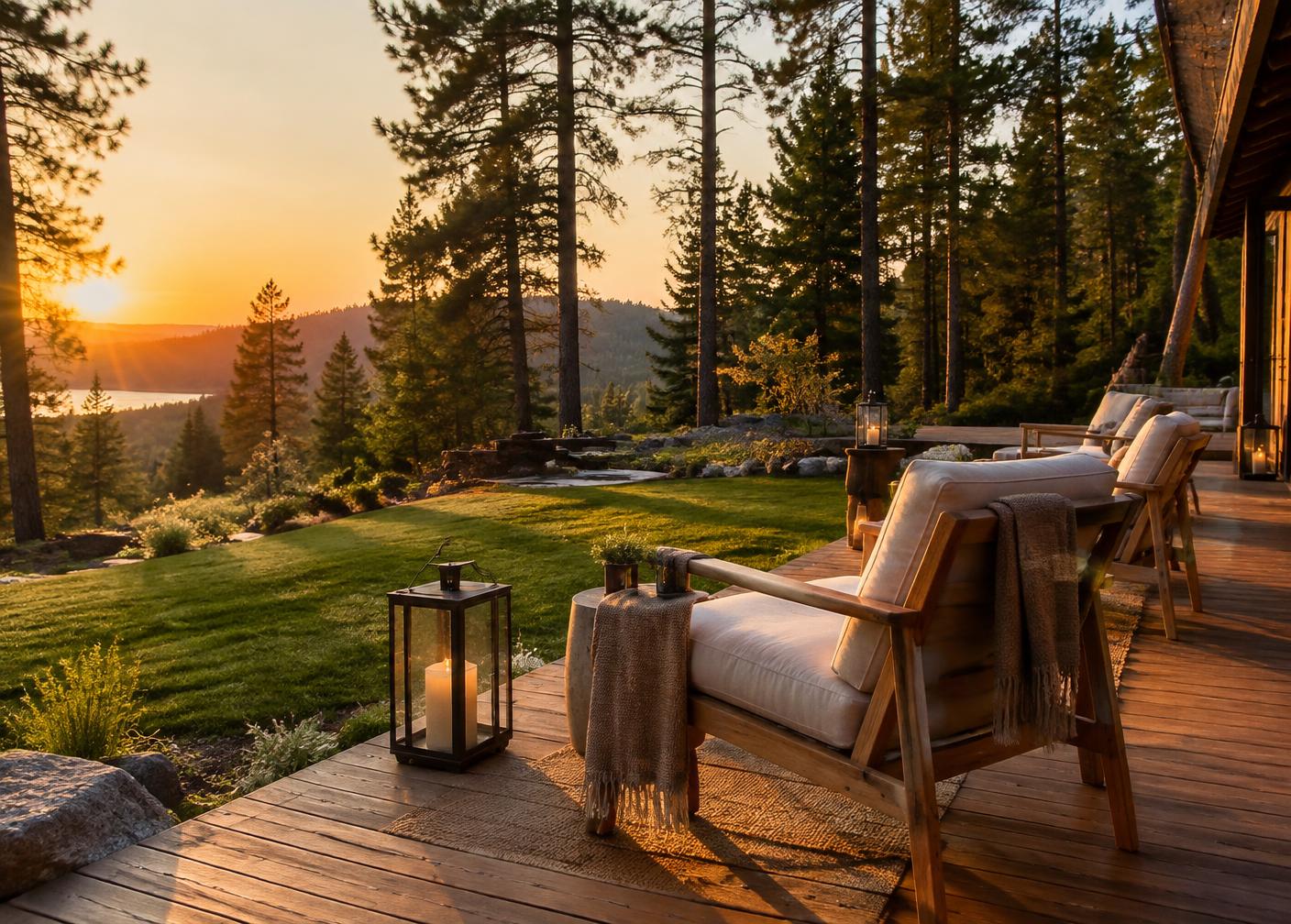Outdoor seating deck with lanterns at golden hour