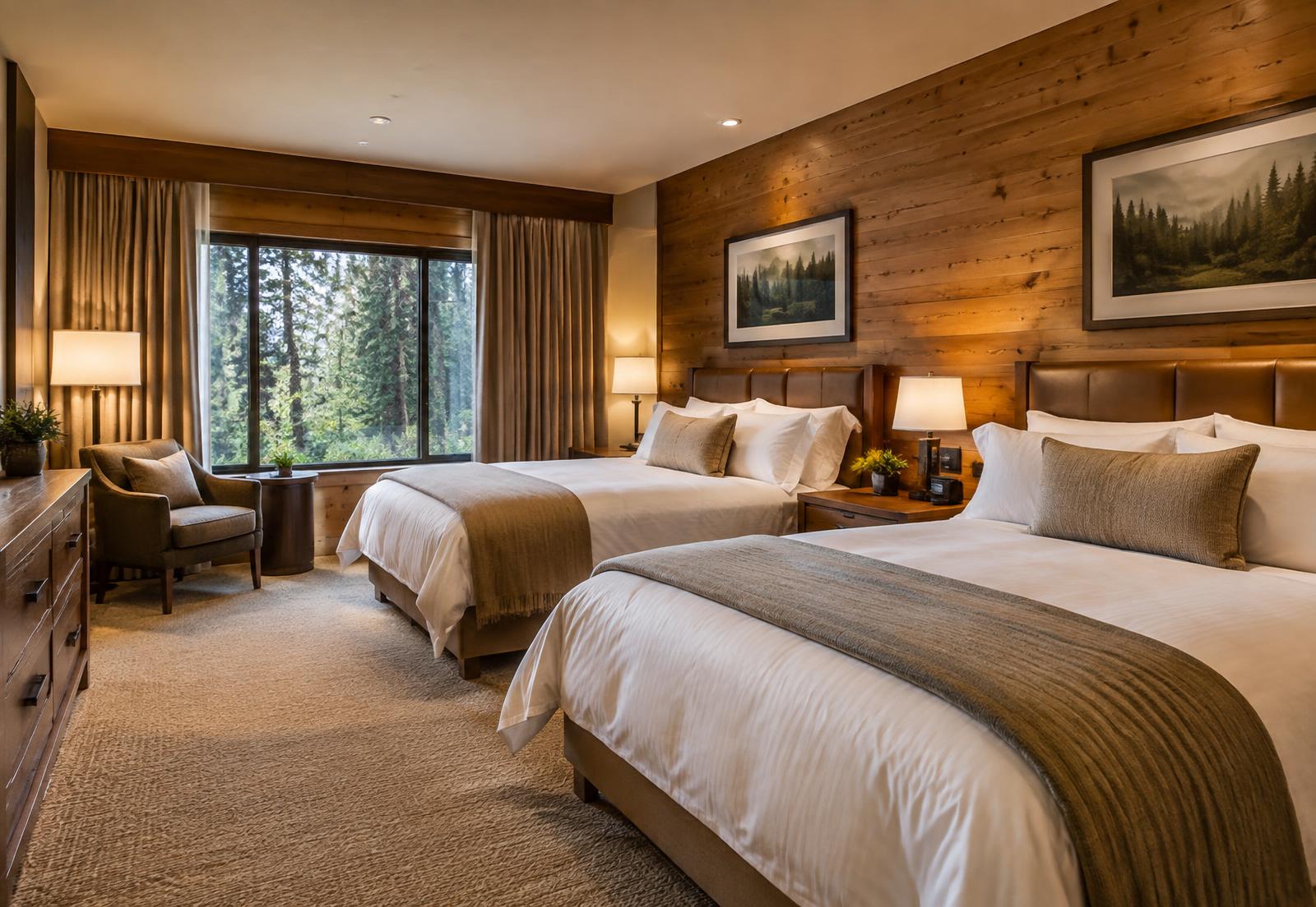 Family room with two double beds and forest view window